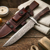 Patriot Damascus Hunting Knife with its leather sheath