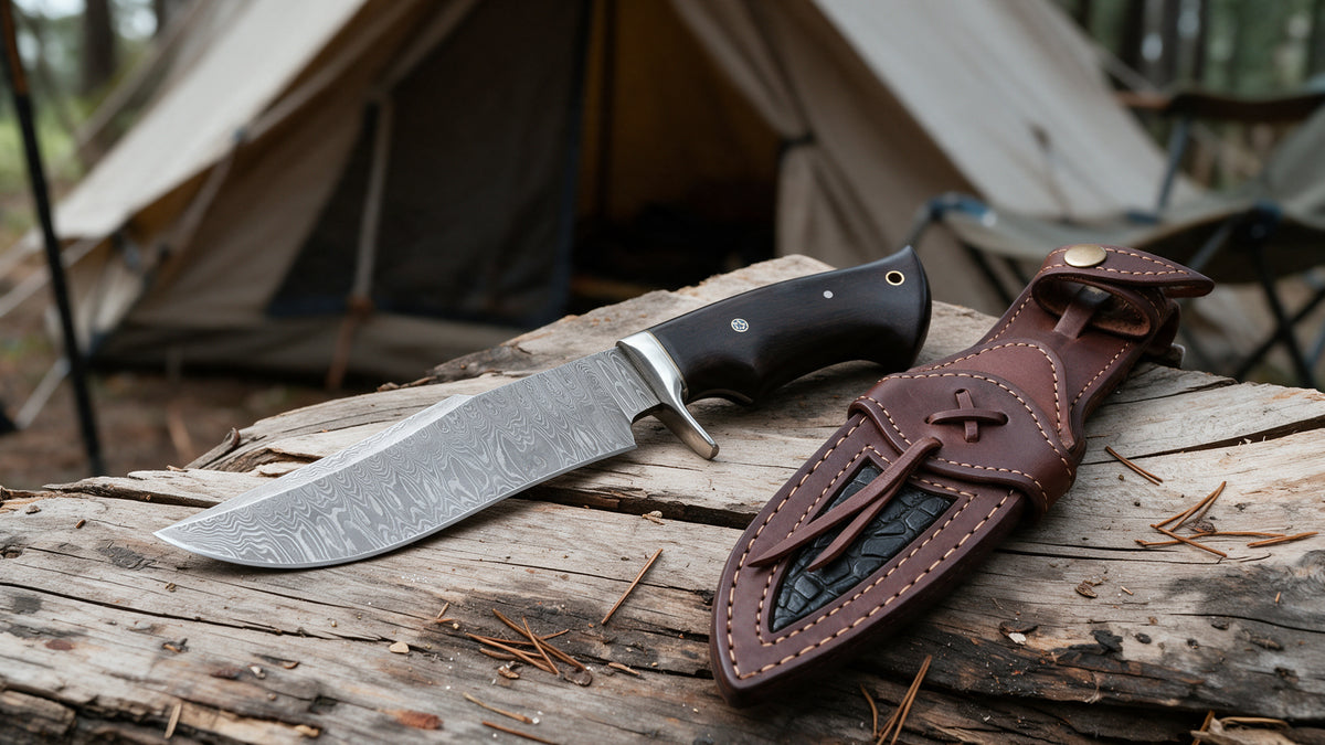 Leopard Hunter Damascus knife and its leather sheath on a split log at a campsite with a canvas tent behind