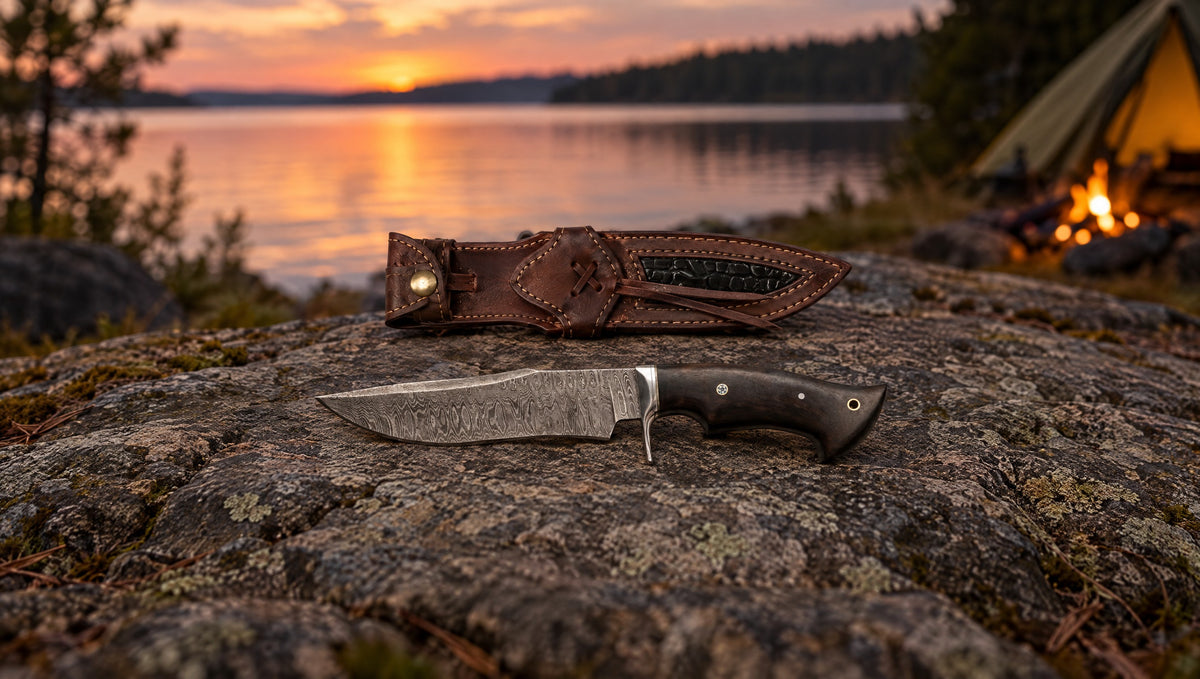 Leopard Hunter Damascus knife and leather sheath on a lakeside rock at a camp at dusk
