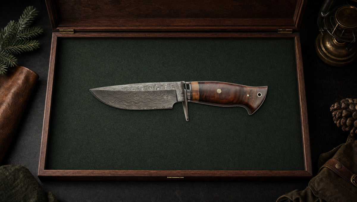 Wild Tiger Damascus knife in an open wooden presentation box