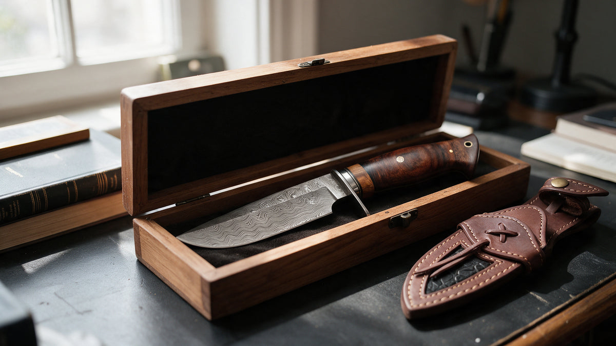Wild Tiger Damascus knife in an open wooden presentation box on a desk, its leather sheath beside it