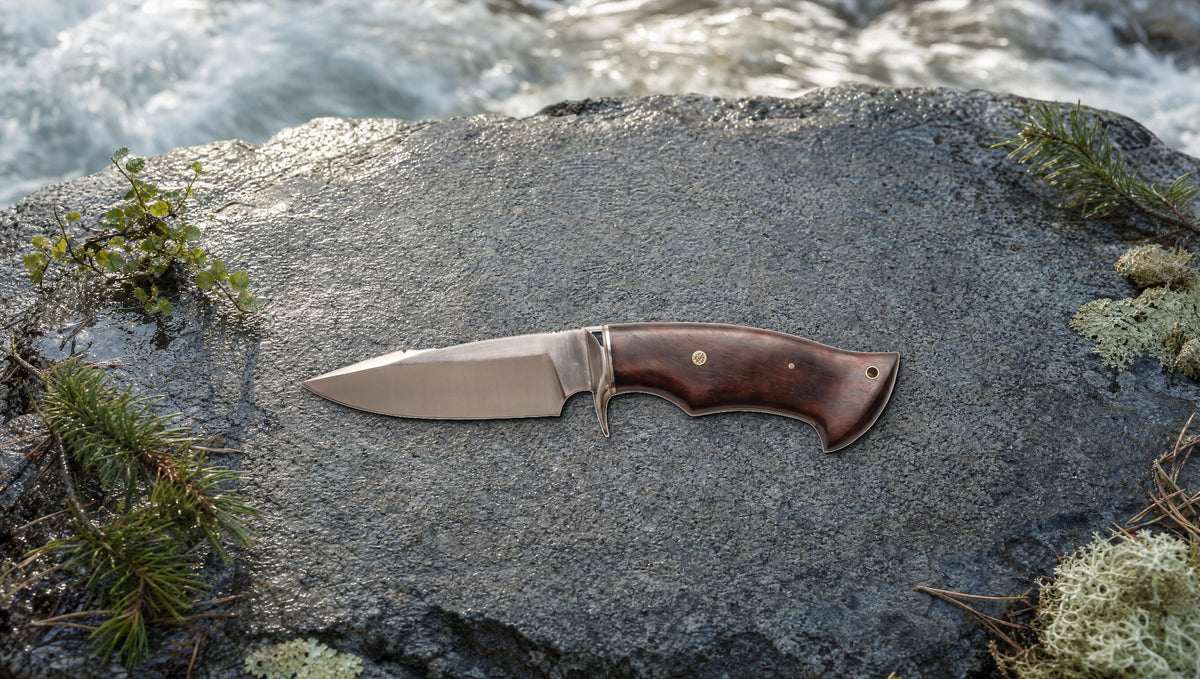 Predator Hunter D2 steel knife with a satin blade and walnut handle on a wet river rock