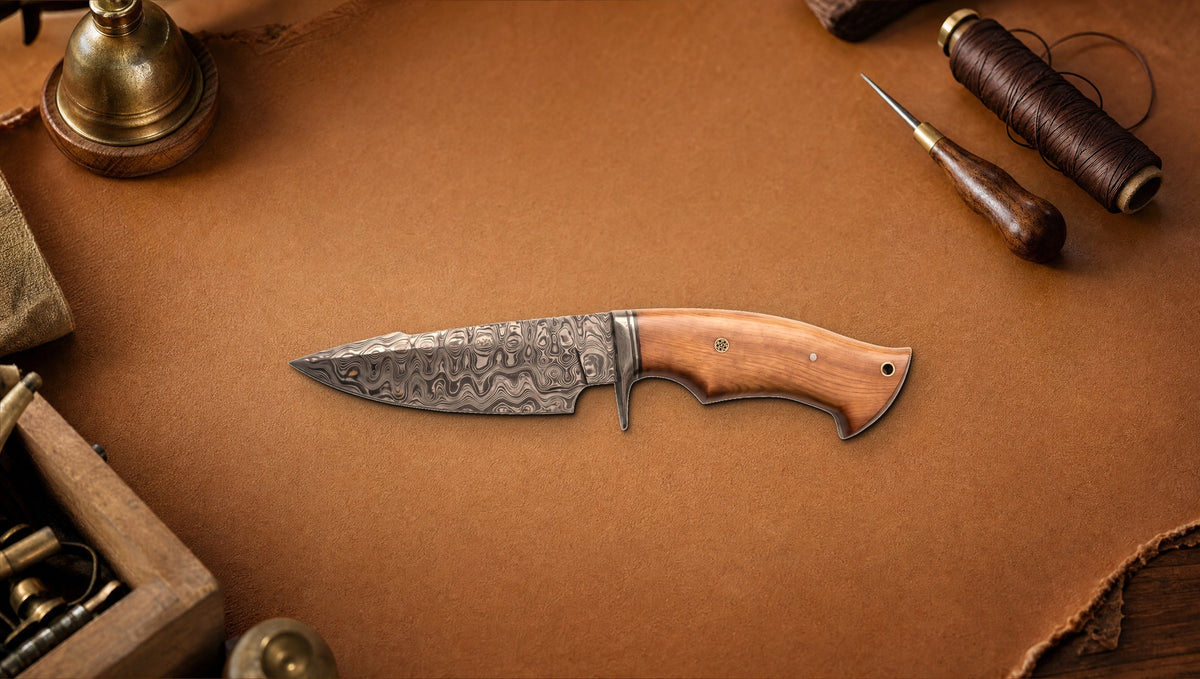 Predator Hunter Damascus knife with an olive wood handle on a leather workbench beside stitching tools