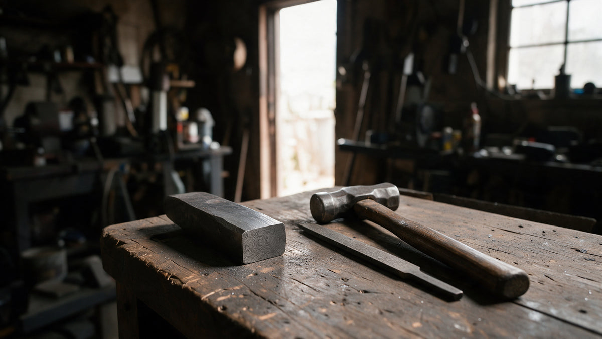 A Damascus steel billet showing its layered pattern beside a hammer and a file on a workshop bench