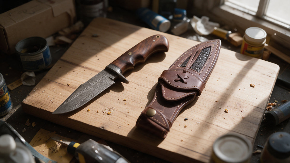 Deer Hunter Damascus drop point knife in full profile on a wooden board, its leather sheath beside it