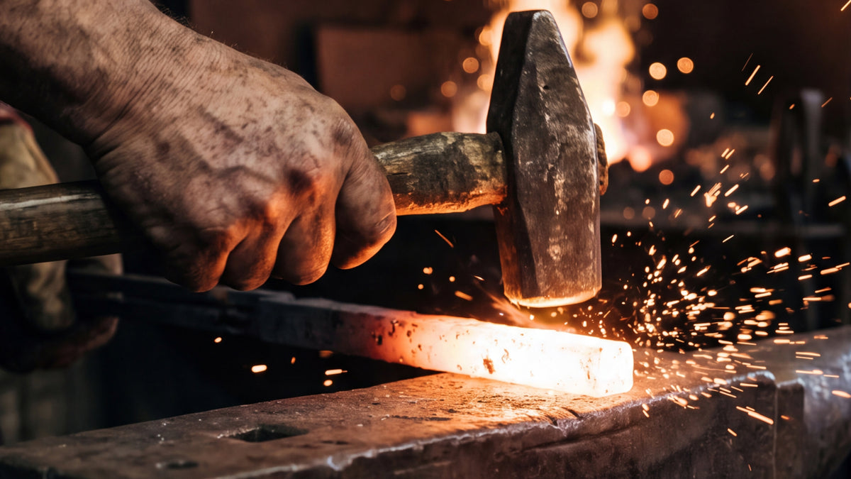 A blacksmith hammering a glowing billet on the anvil, sparks across the forge