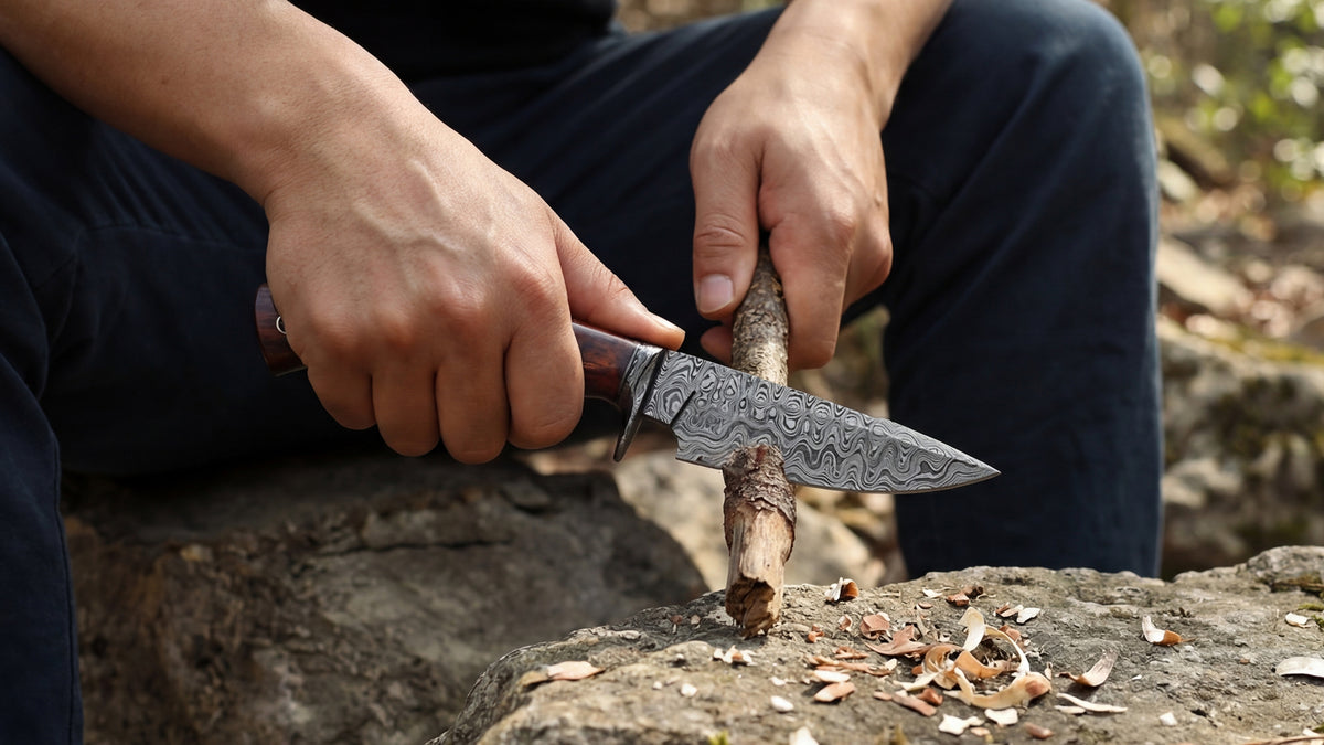 Carving a stick with a Damascus knife, shavings on the rock below