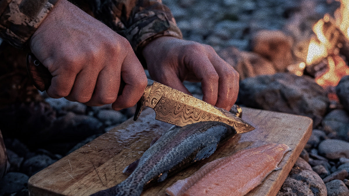 Preparing a fish on a wooden board beside a river fire with a Damascus knife
