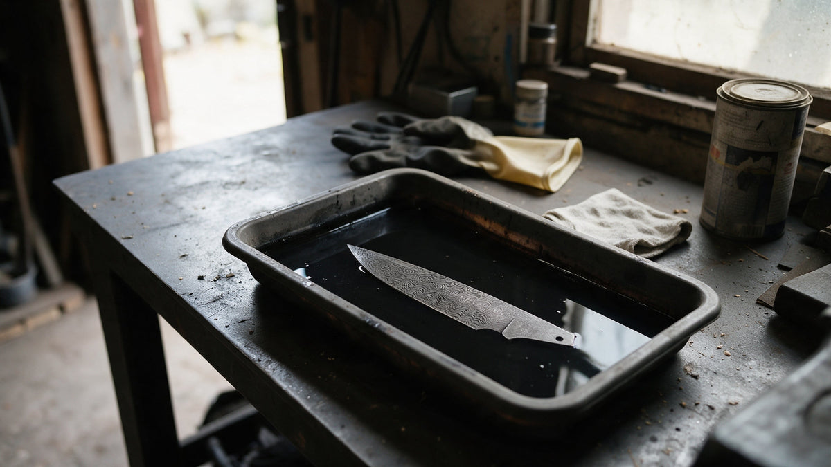 A bare Damascus blade in a tray of etching solution on a workshop bench, its layered pattern starting to show