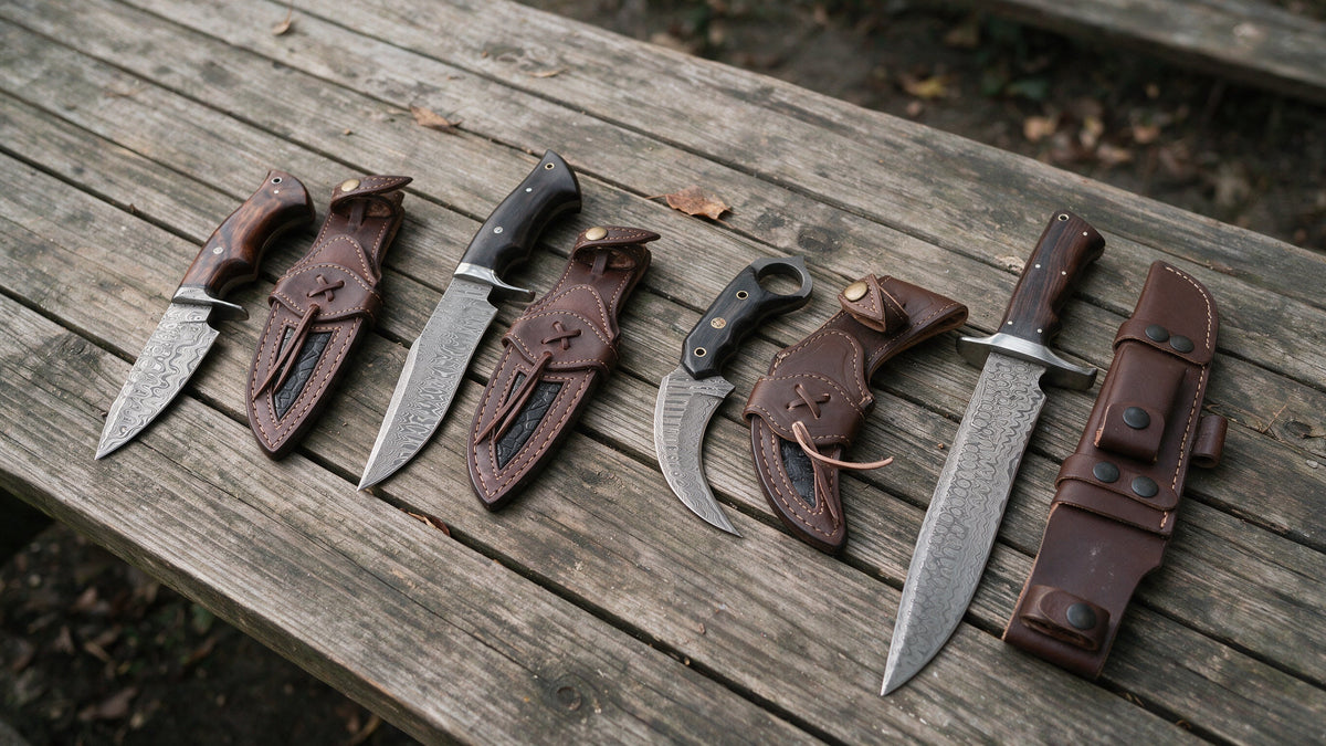 Four different Bigcat hunting knives, each beside its own leather sheath, on a weathered plank table
