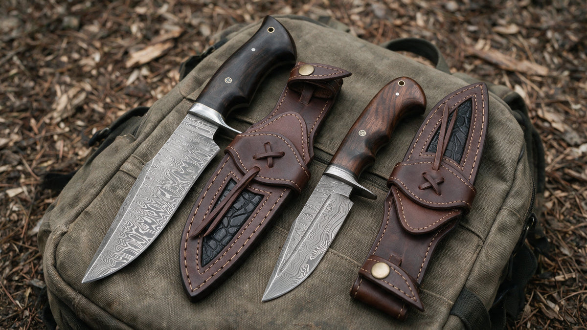 Two Damascus fixed blade knives of different lengths with their leather sheaths on a canvas backpack