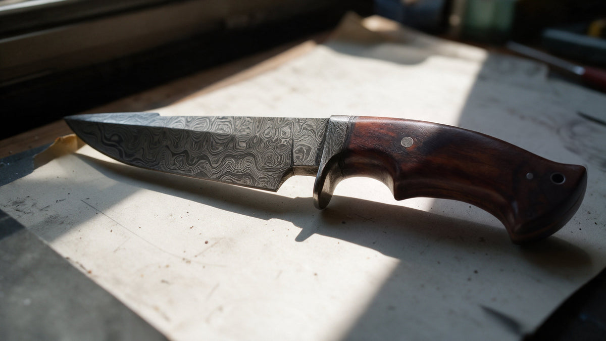 The layered Damascus pattern running over the spine and across the flat of a Predator Hunter blade