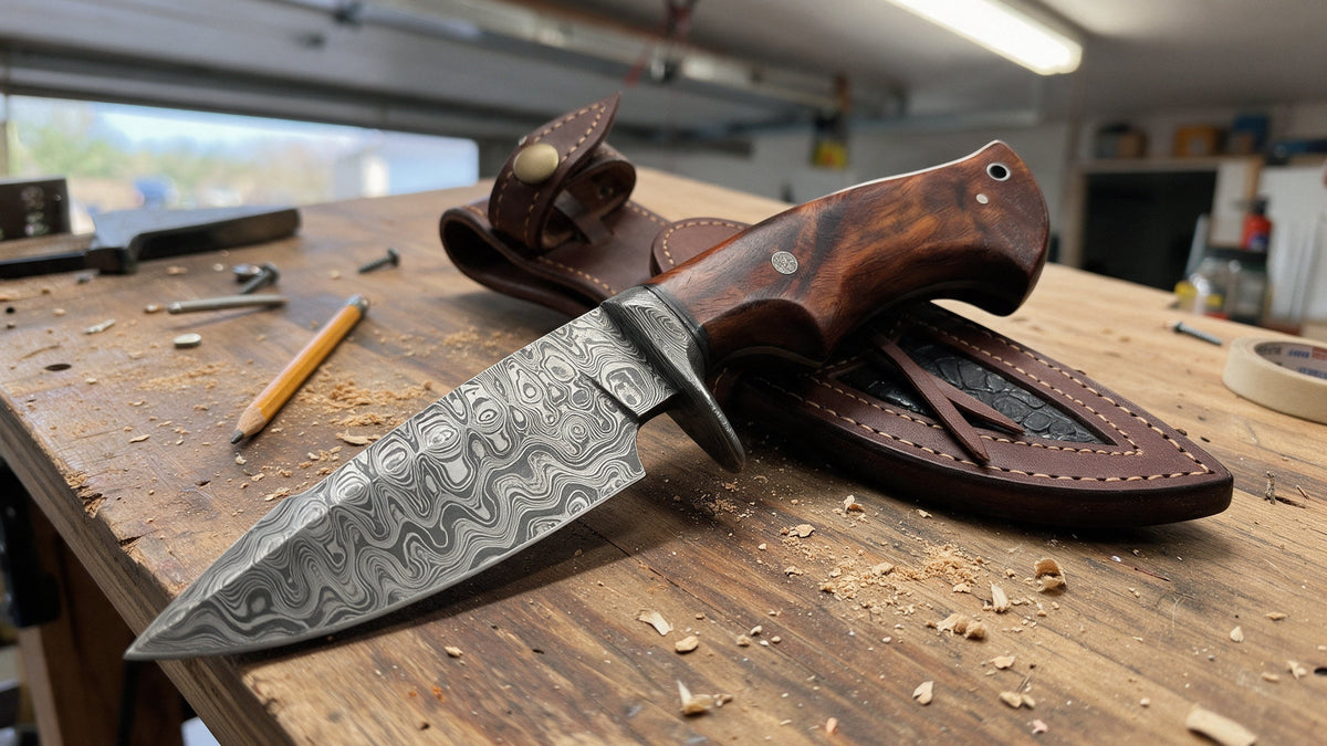 Predator Hunter Damascus knife lying across its leather sheath on a garage workbench