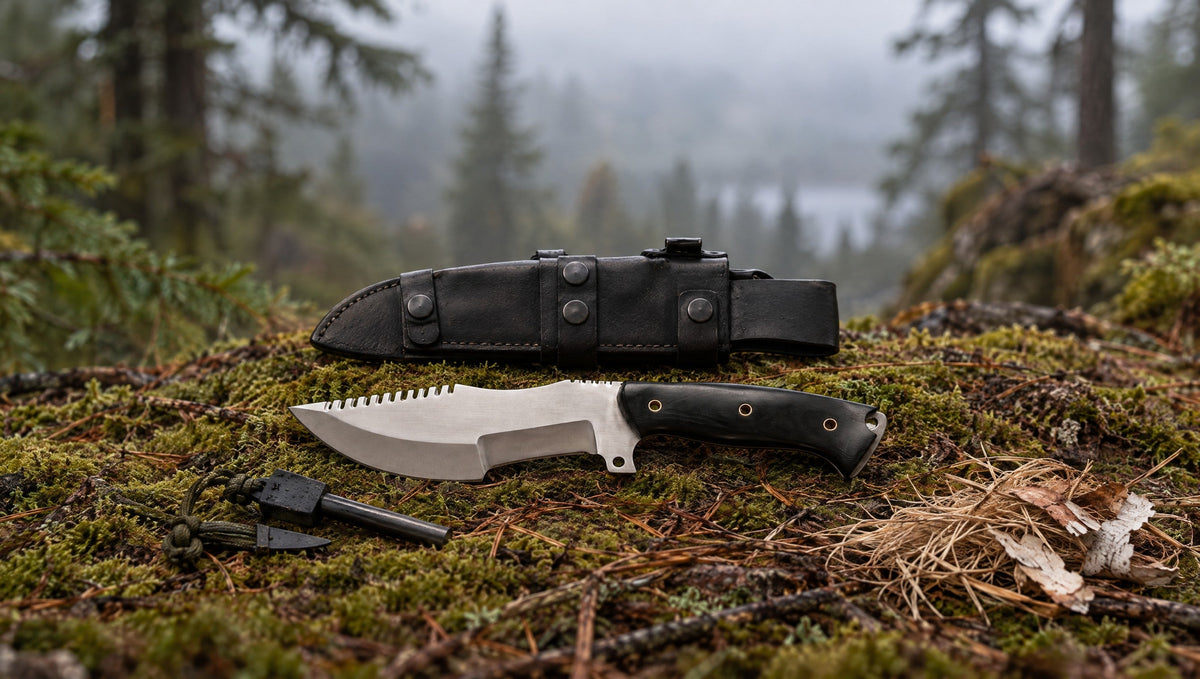 Tracker D2 steel knife with a black Micarta handle on the forest floor beside a ferro rod and tinder