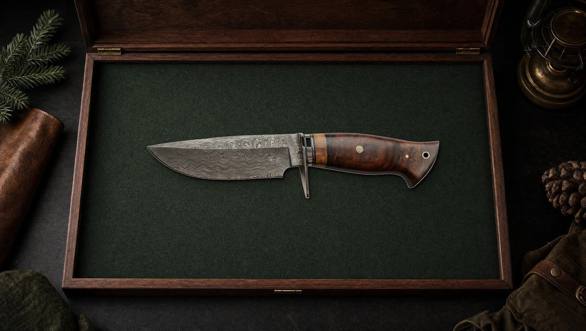 Wild Tiger Damascus knife in an open wooden presentation box