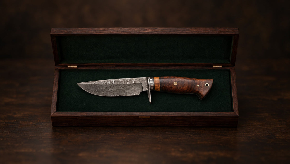 Wild Tiger Damascus knife in an open wooden presentation box