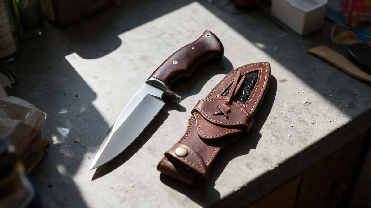 Predator Hunter D2 steel knife with a plain satin blade and its leather sheath on a stone countertop