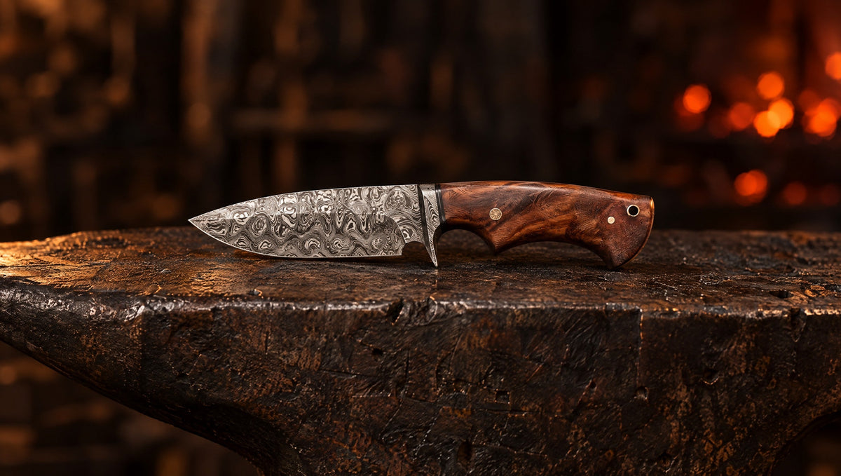 Predator Hunter Damascus knife with a walnut handle on an anvil, the layered pattern lit from the side