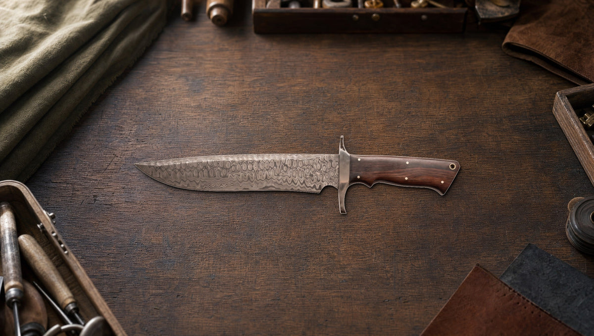 Patriot full tang Damascus knife with walnut scales and a crossguard on an oak workbench
