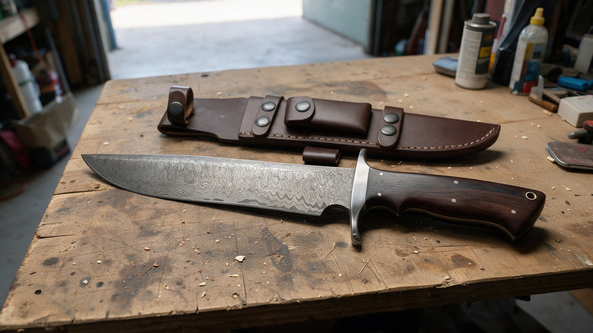 Patriot full tang Damascus knife in profile on a workbench, the tang running the full length of the handle