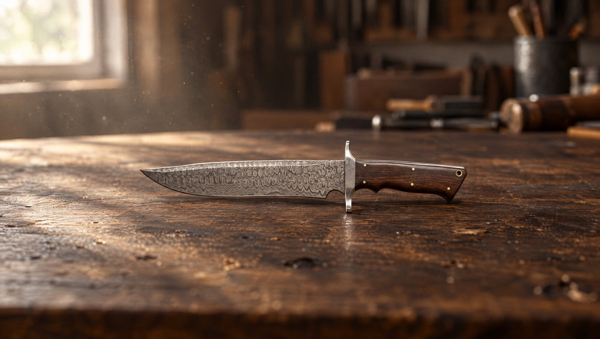 Patriot full tang Damascus knife with walnut scales and a crossguard on an oak workbench