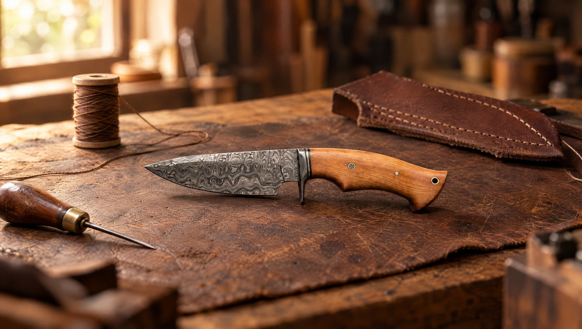 Predator Hunter Damascus knife with an olive wood handle on a leather workbench beside stitching tools