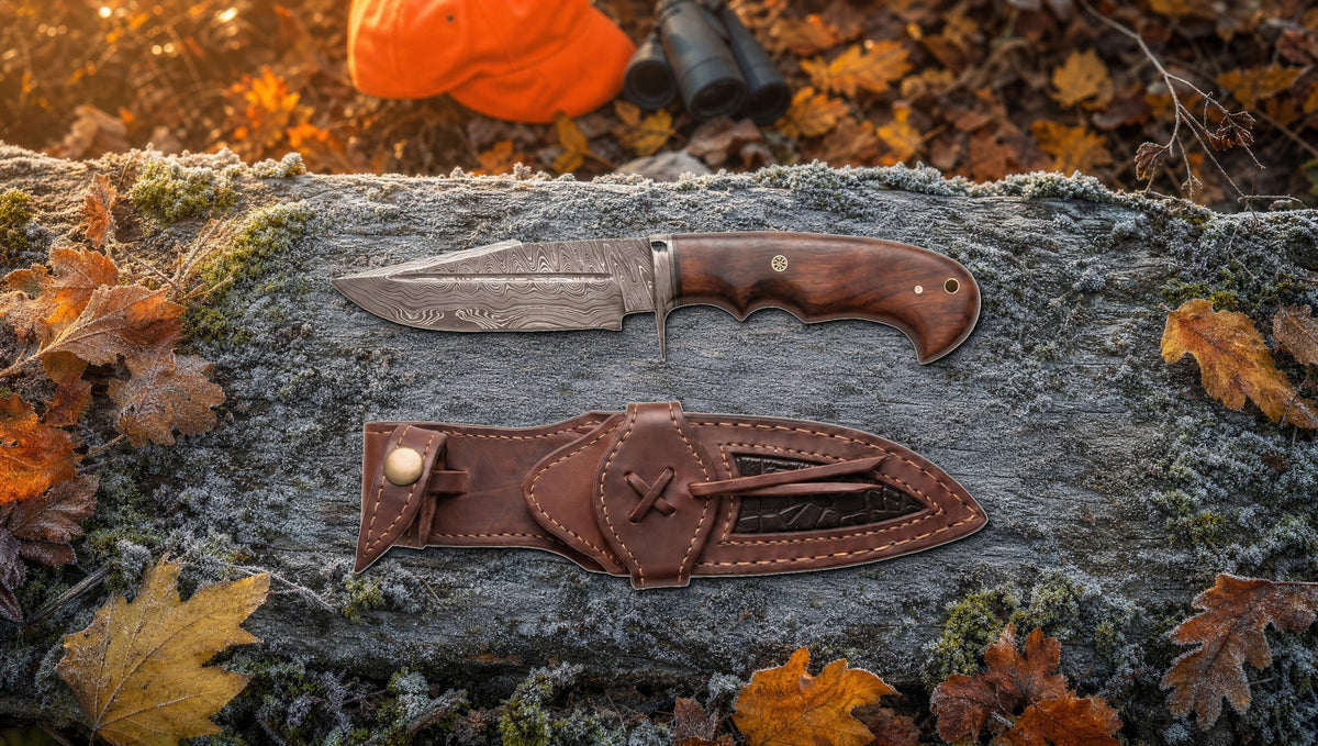 Deer Hunter Damascus hunting knife and its leather sheath on a frosted log in an autumn forest