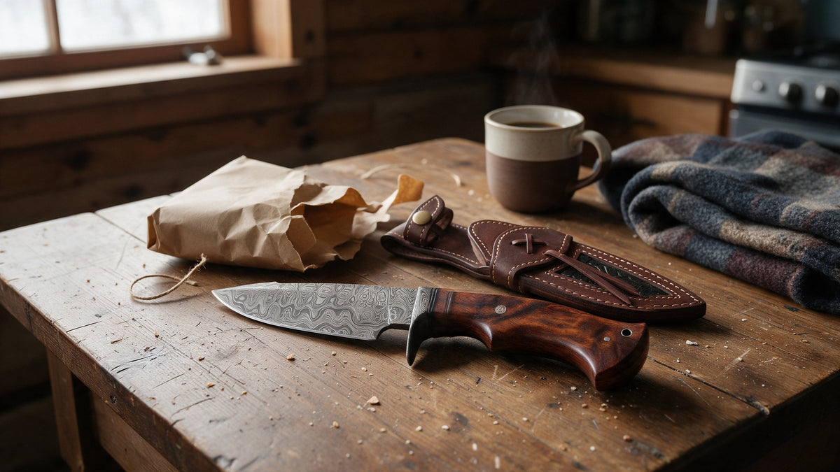Predator Hunter Damascus knife and its sheath just unwrapped from brown paper on a cabin kitchen table