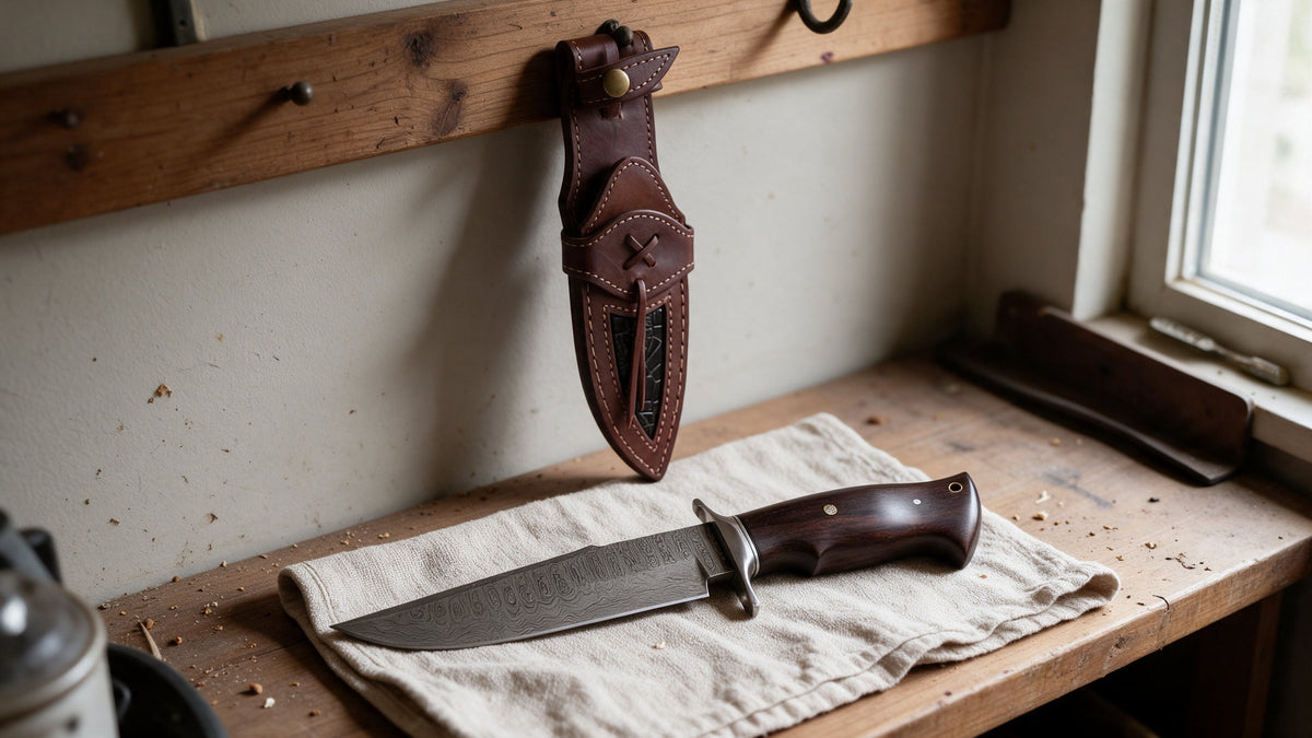 Raptor Damascus knife on a linen towel, its leather sheath hanging on a peg above to air out