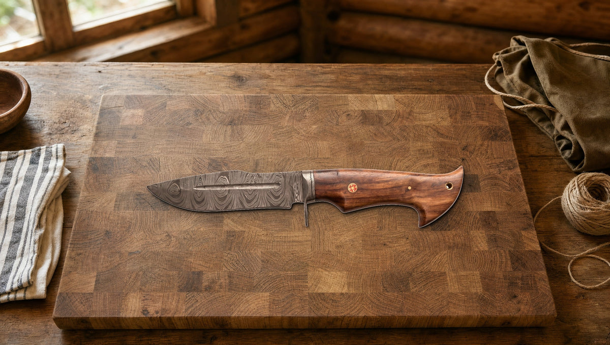 Beast Hunter Damascus drop point skinning knife on a wooden board in a hunting cabin