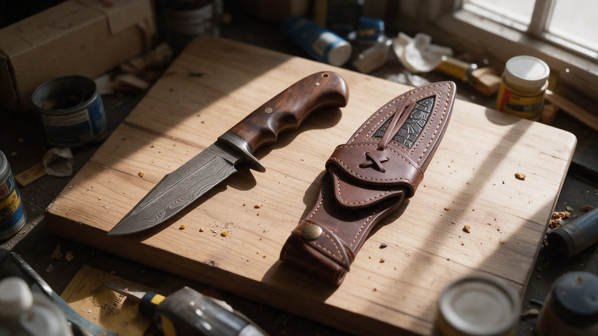 Deer Hunter Damascus drop point knife in full profile on a wooden board, its leather sheath beside it