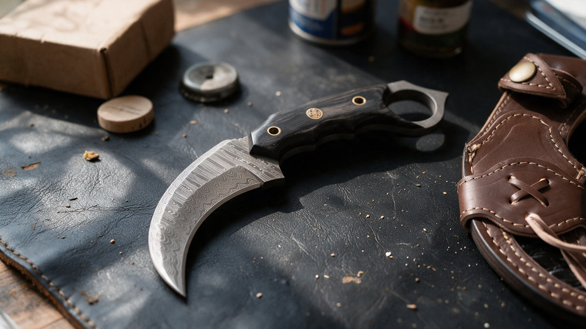 Karambit Desert Fox Damascus knife with its finger ring on a leather mat, the curved sheath beside it