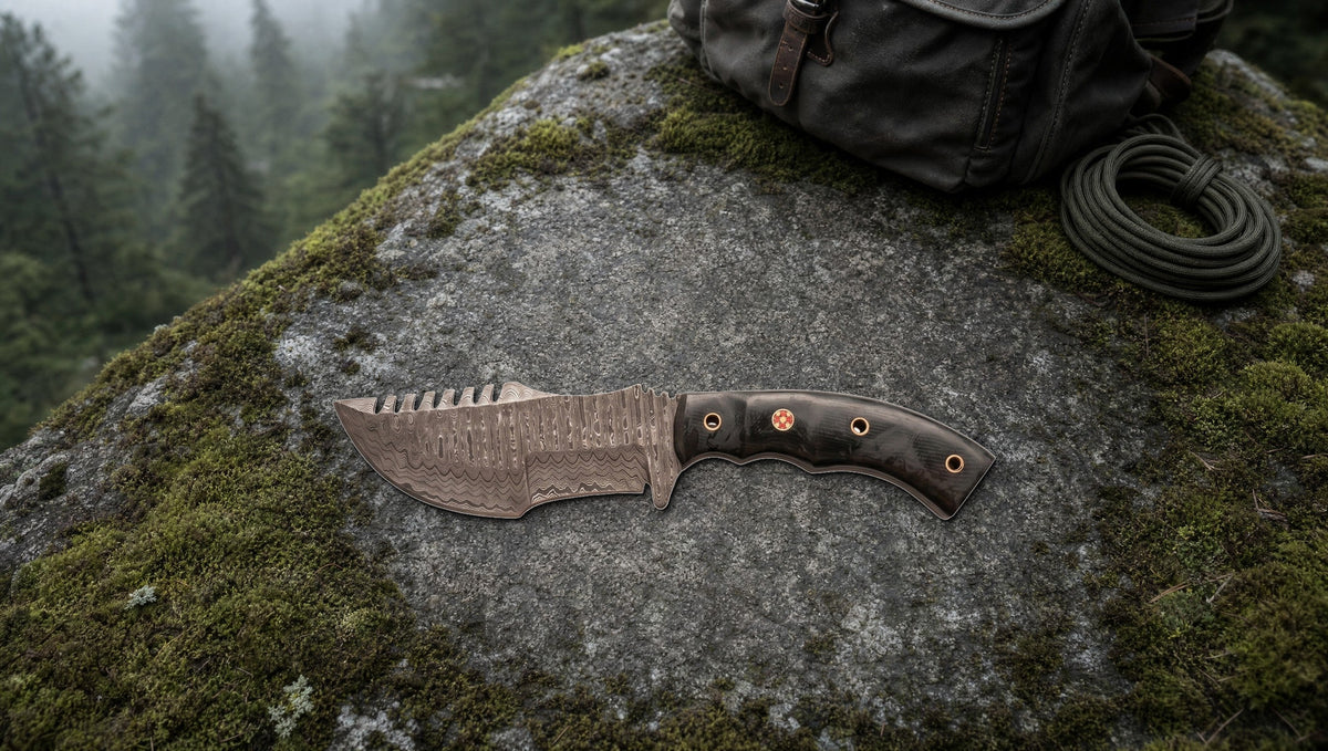 Tracker Damascus knife with a sawback spine and black Micarta handle on mossy granite in a misty forest