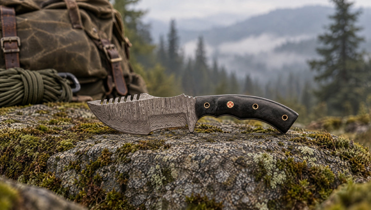 Tracker Damascus knife with a sawback spine and black Micarta handle on mossy granite in a misty forest