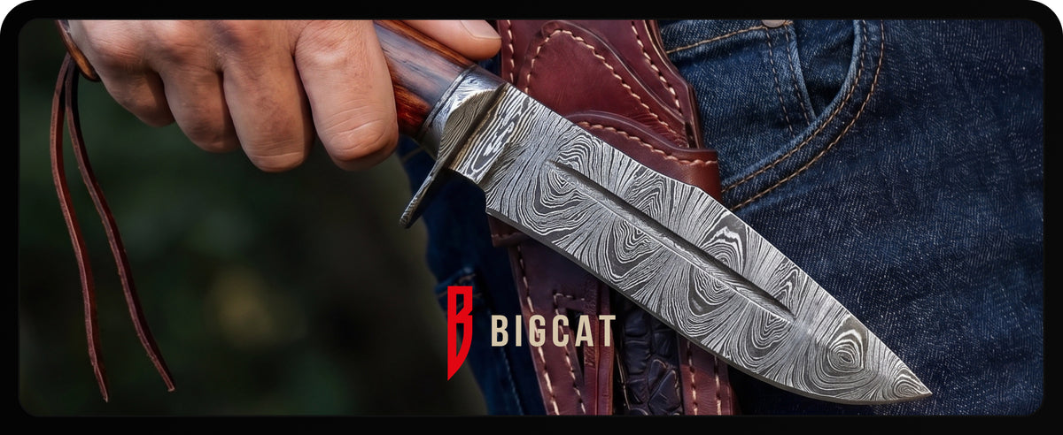 A hand drawing the knife from its leather sheath on a belt, with the Bigcat logo