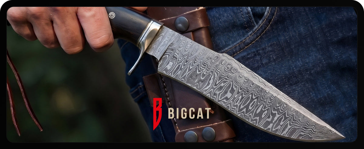 A hand drawing the knife from its leather sheath on a belt, with the Bigcat logo