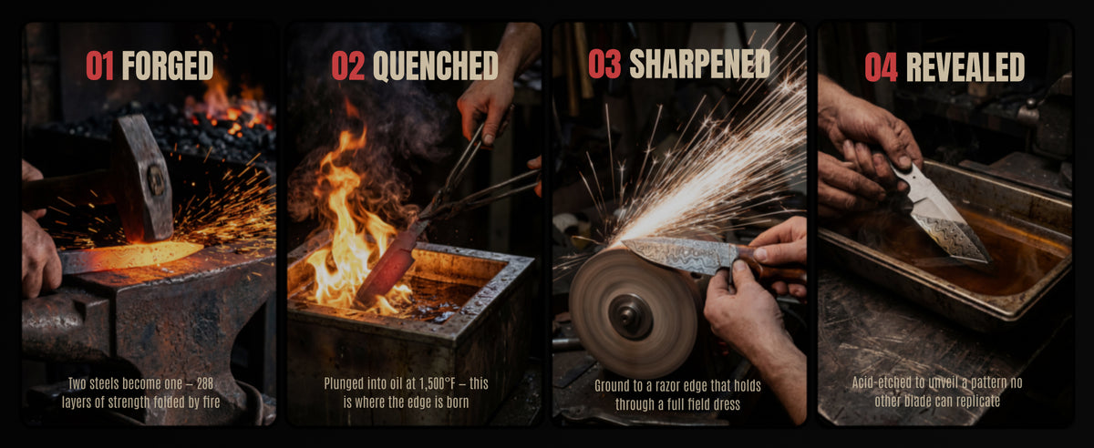 Four steps in making a Damascus blade: forged, quenched, sharpened and revealed