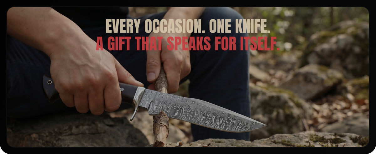 Carving a stick with the knife, under the words Every occasion. One knife. A gift that speaks for itself