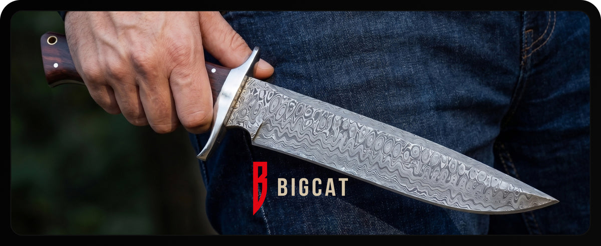 A hand drawing the knife from its leather sheath on a belt, with the Bigcat logo