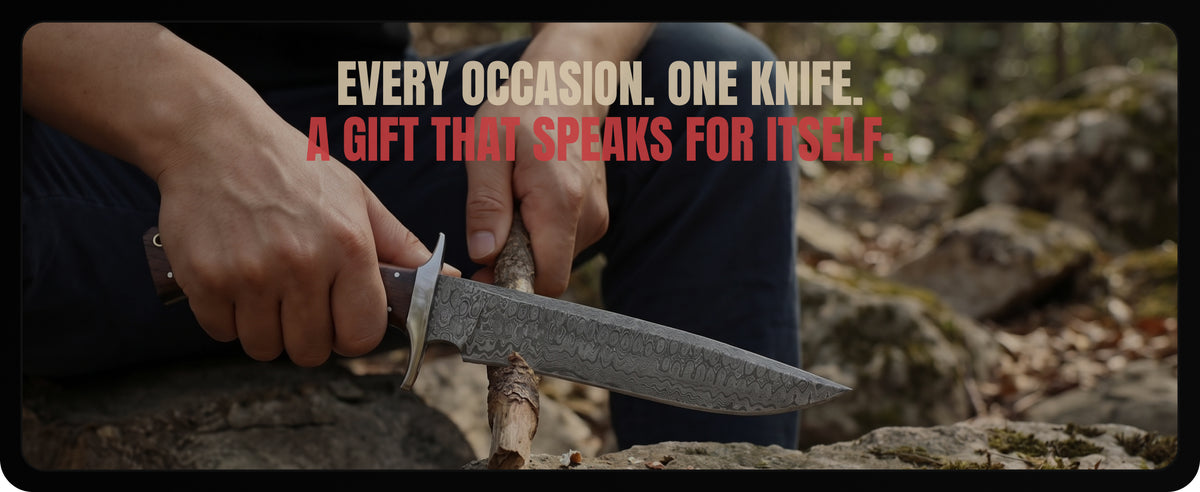 Carving a stick with the knife, under the words Every occasion. One knife. A gift that speaks for itself