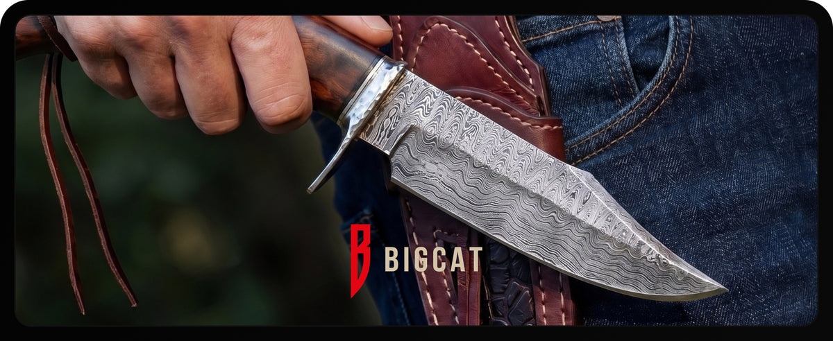 A hand drawing the knife from its leather sheath on a belt, with the Bigcat logo