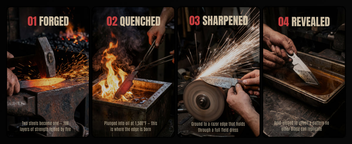 Four steps in making a Damascus blade: forged, quenched, sharpened and revealed