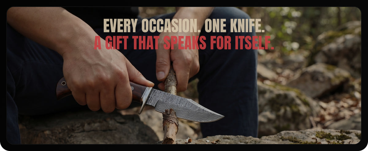 Carving a stick with the knife, under the words Every occasion. One knife. A gift that speaks for itself