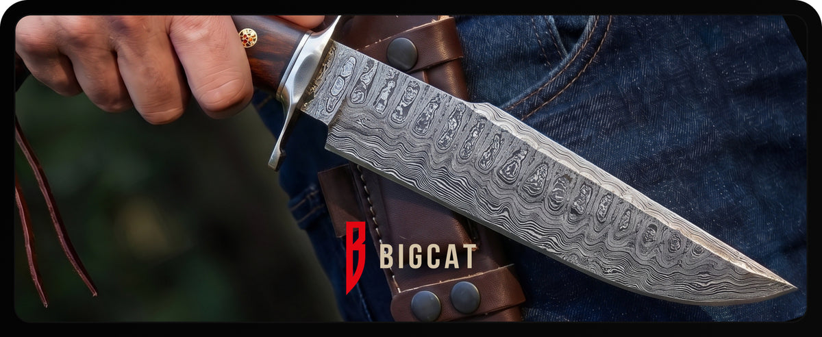 A hand drawing the knife from its leather sheath on a belt, with the Bigcat logo