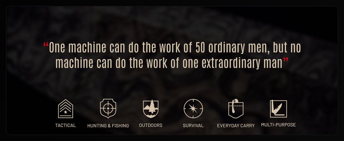 Quote card with icons for tactical, hunting and fishing, outdoors, survival, everyday carry and multi-purpose use