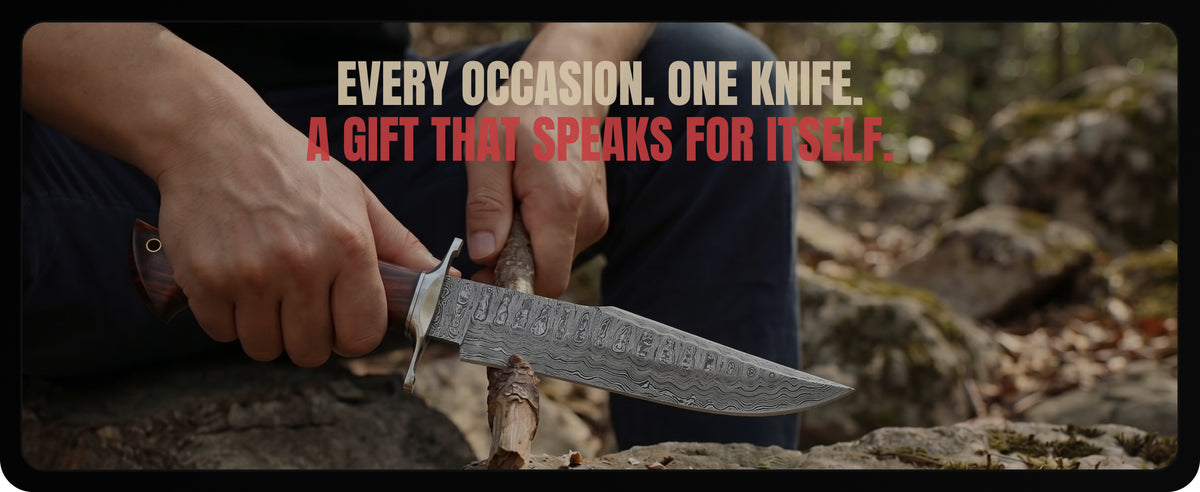 Carving a stick with the knife, under the words Every occasion. One knife. A gift that speaks for itself