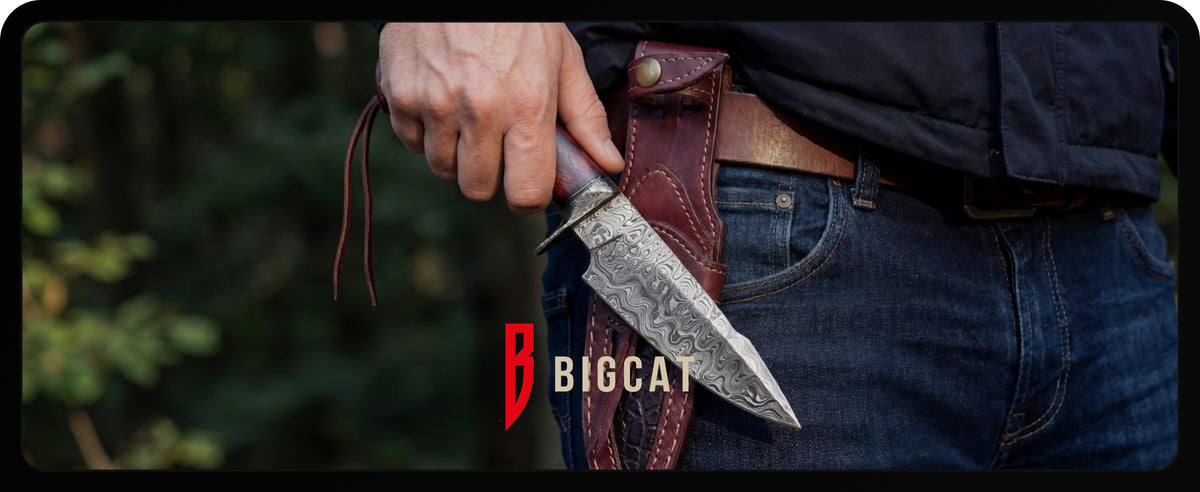 A hand drawing the Predator Hunter from its leather sheath on a belt, with the Bigcat logo