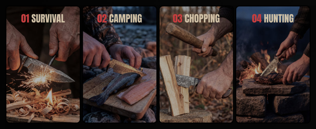 The Predator Hunter at work in four scenes: survival, camping, chopping and hunting