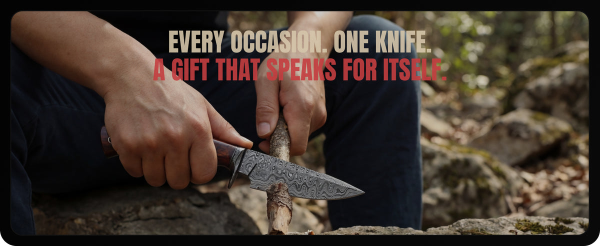 Carving a stick with the Predator Hunter, under the words Every occasion. One knife. A gift that speaks for itself.