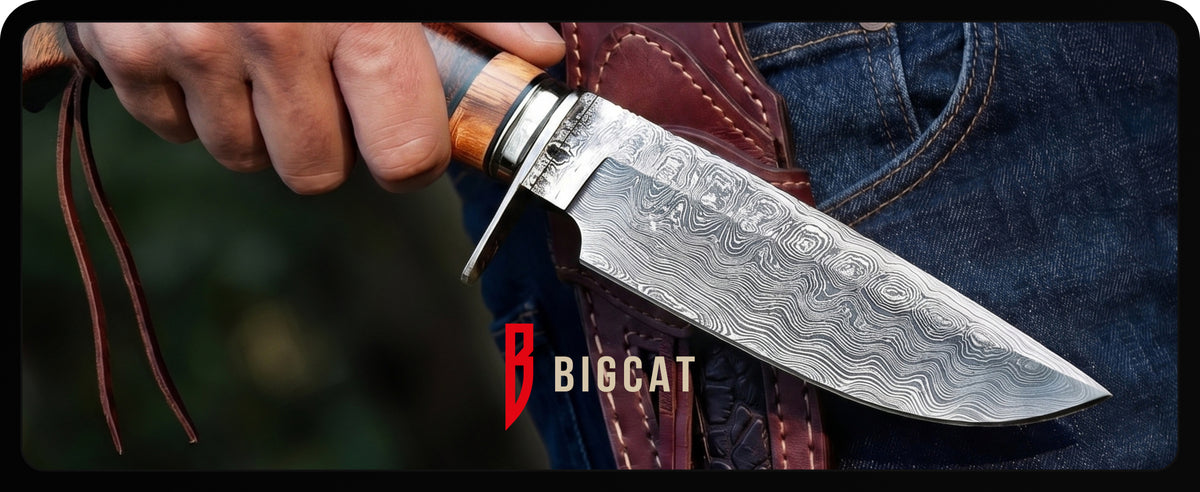 A hand drawing the knife from its leather sheath on a belt, with the Bigcat logo